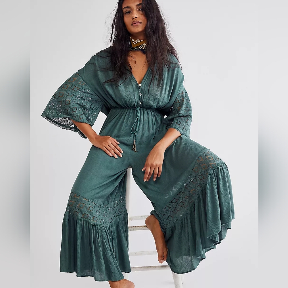 New Angela Jumpsuit Dried Pine Crochet Jumper XS Evergreen Firest Green Flowy